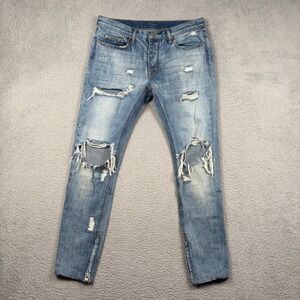MNML M1 Distressed Denim Jeans Ankle Zip Men 32 Button Fly Moto Destroyed Grunge